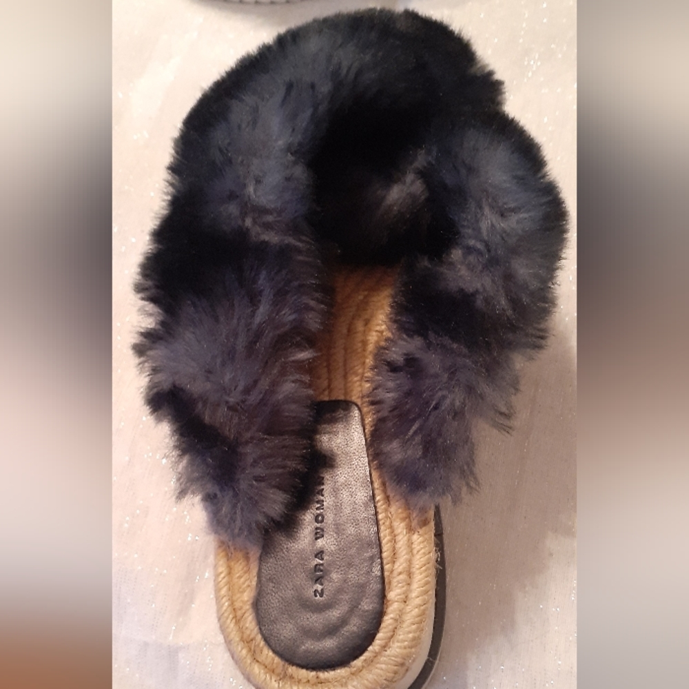 Zara women's Furry Midnight Blue platform espadrilles EU size 39 US 8/8.5